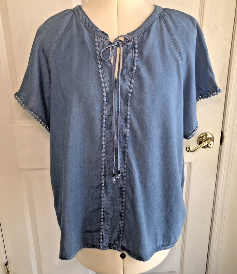 Womens PL Chambray Boho short sleeve soft denim Peasant festival coastal v neck